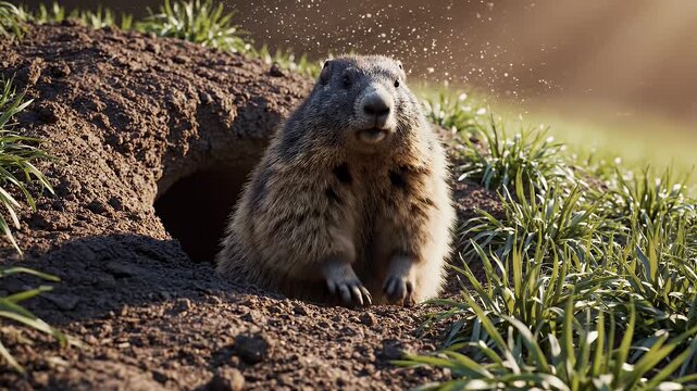 Groundhog Day background with emerging groundhog spring soil texture and natural seasonal scene