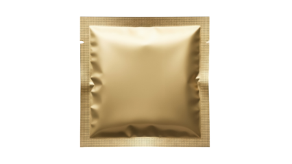 Gold foil sachet isolated PNG on transparent background, blank packaging mockup for cosmetic or food product presentation