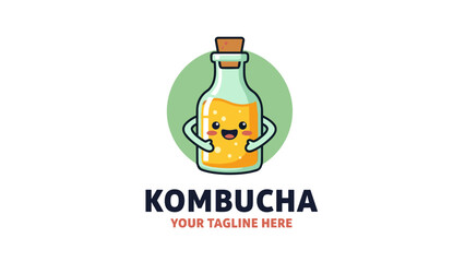 Cute Kombucha Bottle Logo with Smiling Character and Green Badge