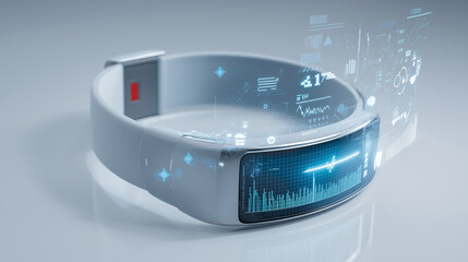 Medical wearable device concept, smart health monitoring bracelet, digital health data visualization, futuristic style, clean background, ultra sharp