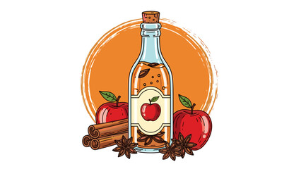 Apple Cider Bottle with Red Apples and Cinnamon Illustration