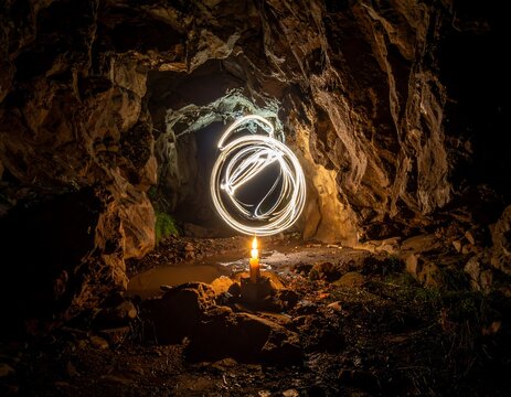 Illuminated cave entrance, light trails circling candle in dimness