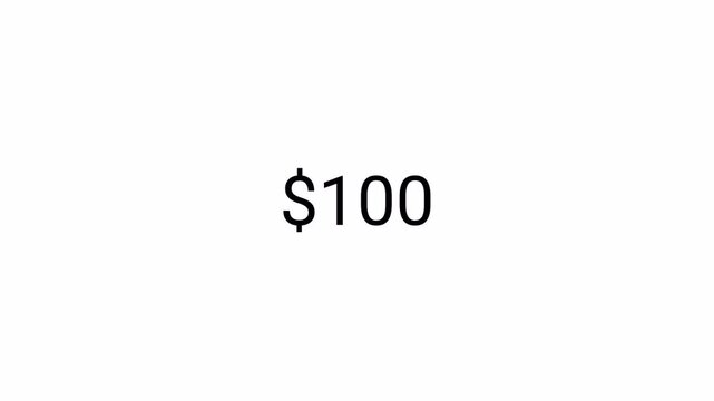dollar Number counter animation from zero to hundred on a transparent background, $0 to $100 animated dollar number counter with alpha channel best for  amount concepts.