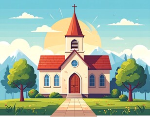 Naklejka premium Cartoon illustration of a quaint church with a sunny sky background