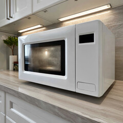 Obraz premium Modern white microwave on countertop in stylish kitchen.