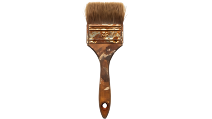 Old wooden paintbrush with bristles and metal ferrule isolated on a transparent background wooden handle