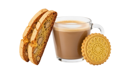Biscotti almond cookies and shortbread biscuit with latte in glass isolated PNG, traditional Italian sweets on transparent background