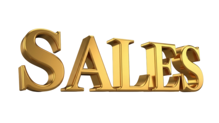 Golden sales text isolated PNG on transparent background, 3D rendering of business promotion and retail marketing concept