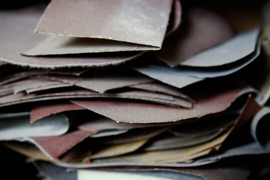 Stack of sandpaper sheets in a carpentry workshop in Schaeftlarn
