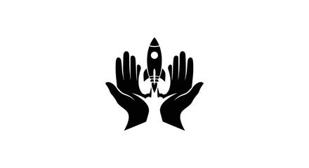 Empowering innovation hands holding rocket silhouette representing growth and future