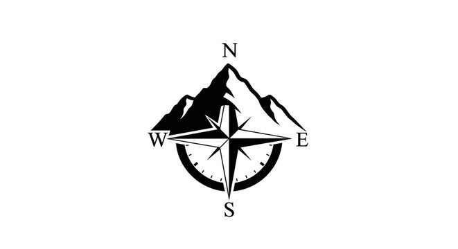 Minimalist adventure logo featuring a mountain peak and a compass rose illustration