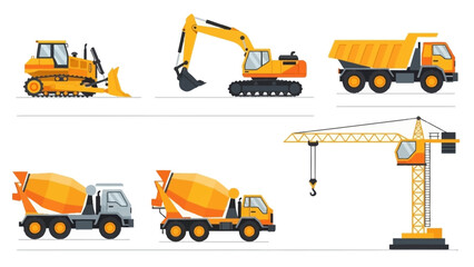 Construction vehicles set bulldozer, excavator, dump truck, concrete mixer truck, and crane © junkie vector
