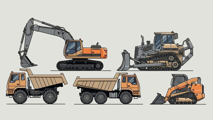 Illustration of various construction vehicles Excavator, bulldozer, dump trucks, and skid steer loader © junkie vector