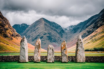 Standing stones align before dramatic valley, misty mountains