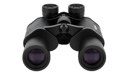 Pair of black binoculars with rubberized grip and central focusing wheel isolated on a transparent background