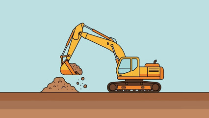 Illustration of an Excavator Digging Earth on a Construction Site, Vector Graphics