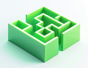 Isometric, glossy green maze structure on a bright white background