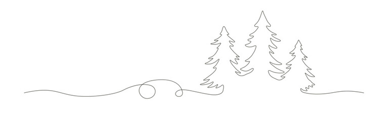 Wavy line with pine trees. Continuous one line art drawing vector illustration design.