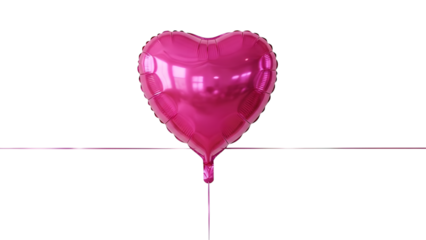 Pink heart-shaped foil balloon with shiny reflective surface and visible seams floating against a dark backdrop isolated on a transparent background