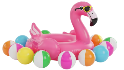 Pink flamingo inflatable pool float surrounded by colorful beach balls isolated on a transparent background