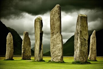 Standing stones array, ancient monument, beneath stormy, moody sky
