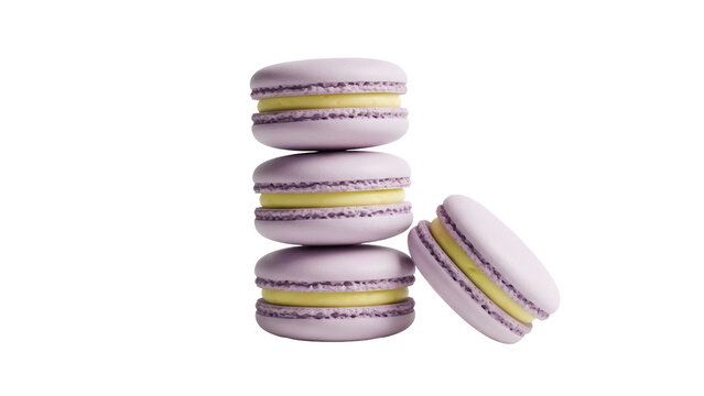 Stack of lavender macarons with yellow filling isolated PNG, delicious French dessert on transparent background for patisserie designs