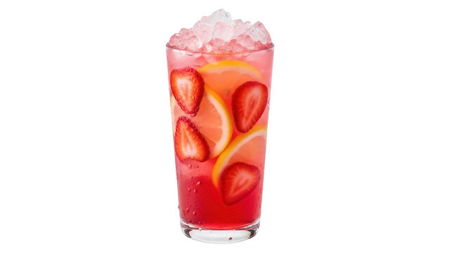 Refreshing strawberry lemonade drink with ice isolated PNG, summer beverage with lemon slices and fresh strawberries on transparent background