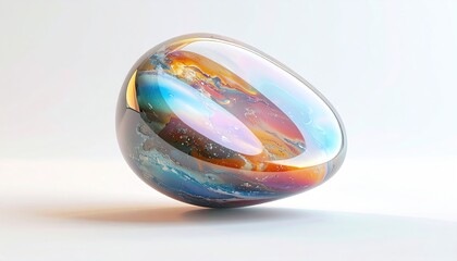 Iridescent, smooth, egg-shaped object with colorful inner textures
