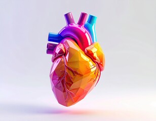 A vibrant, polygonal anatomical heart, rainbow hues, floating on white