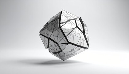 Geometric, fractured cube floats in a white space, with complex cracks