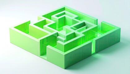 Isometric, neon-green maze structure, casting light on a smooth, pale surface
