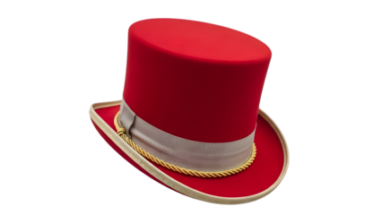 Red hat with white band and gold rope detail isolated on a transparent background formal hat circus hat