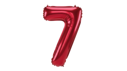 Shiny red number 7 balloon isolated PNG on transparent background, festive party decoration for birthday celebration and anniversary