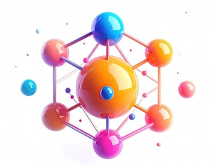 3D Render of atomic model, bright colors, interconnected spheres, clean background
