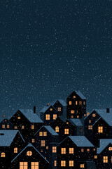 Clustered snowy houses shimmer softly beneath quiet star-speckled nocturnal sky.