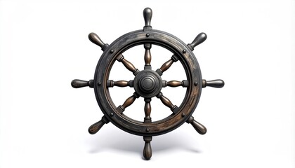 Obraz premium Wooden ship's wheel isolated on white background, antique, aged, round