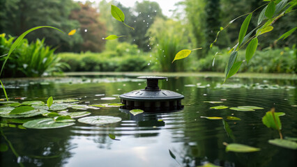 Naklejka premium Eco energy innovation scene. serene eco pond with nano turbine gently spinning among floating leaves