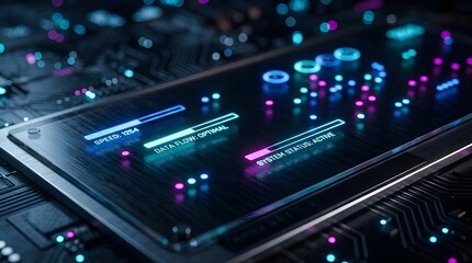 Closeup of floating minimal neon indicators on a dark futuristic interface with cinematic rim lighting and shallow depth of field.