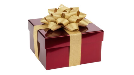 Obraz premium Shiny red gift box with golden ribbon and bow isolated PNG, present for Christmas or birthday on transparent background