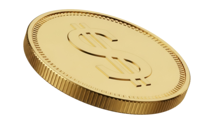 Gold dollar coin PNG isolated on transparent background, currency symbol for finance, investment, and wealth management concepts
