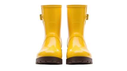 Pair of yellow rubber rain boots isolated PNG, waterproof footwear for rainy days and outdoor activities on transparent background