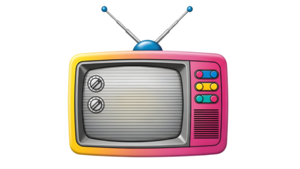 Retro television set with colorful frame and knobs on transparent background isolated on a transparent background