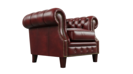 Elegant burgundy leather armchair isolated PNG, classic Chesterfield style furniture on transparent background for interior design and home decor projects