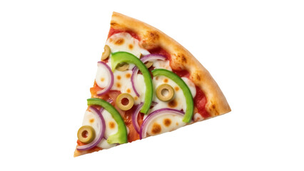Delicious pizza slice with green peppers and red onions isolated PNG, appetizing Italian fast food...