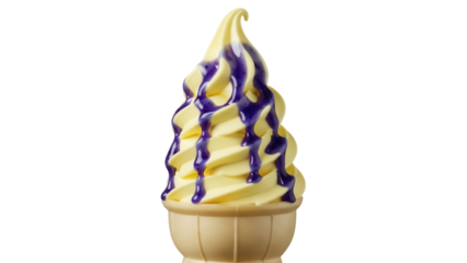 Delicious soft serve ice cream with blueberry syrup isolated PNG, sweet dessert on transparent background for summer treats and food design