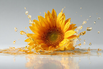 Sunflower oil splash suspended in midair with smooth flowing texture on a crisp white backdrop
