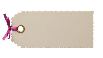 Blank scalloped gift tag with pink ribbon isolated PNG, beige paper label for presents and handmade crafts on transparent background