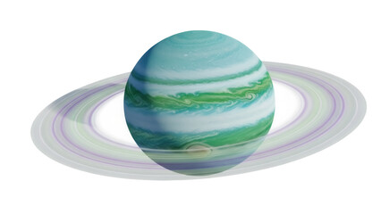 Striking planet with rings PNG isolated on transparent background, celestial body with blue and green swirls, cosmic object for science and space themes © Finn