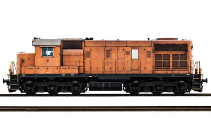 Rusty orange diesel locomotive with detailed mechanical components and windows isolated on a transparent background