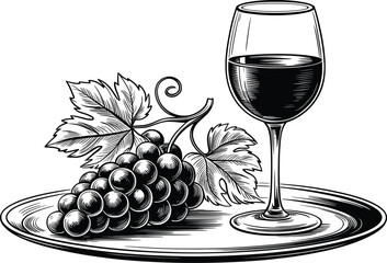 Wine Glass and Grapes Illustration, Elegant Vintage Winery Art Icon.